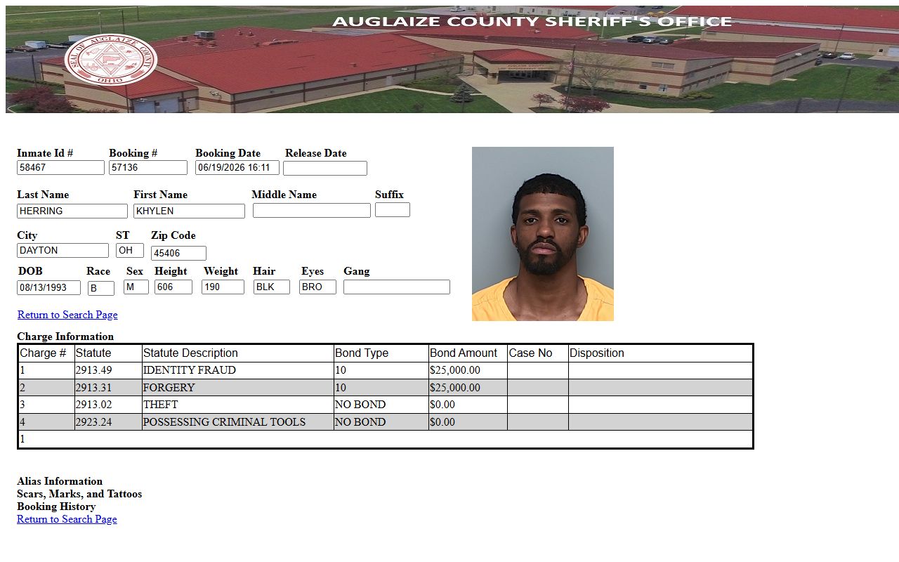 Auglaize County inmate record detail with mugshot and charge fields